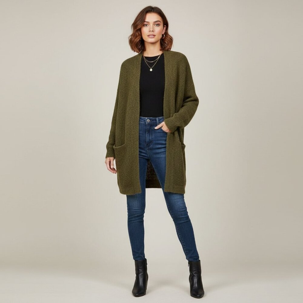 H&M Womens Small Open Dark Olive Wool Blend Knitted Cardigan